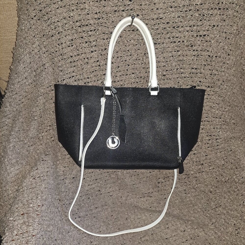 CHARLES JOURDAN-Black/White Leather Satchel/Shoulder Strap-Large Bag-Excellent